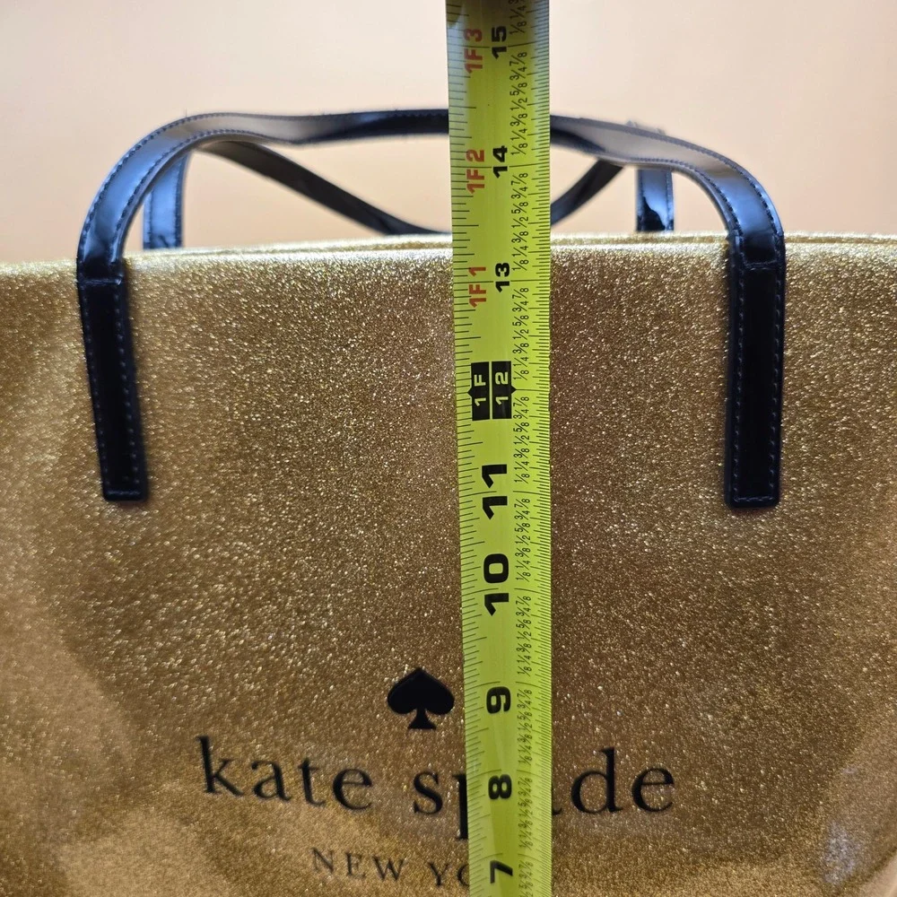 Kate Spade Live Colorfully Gold Glitter Tote Bag Black Patent Handles Large